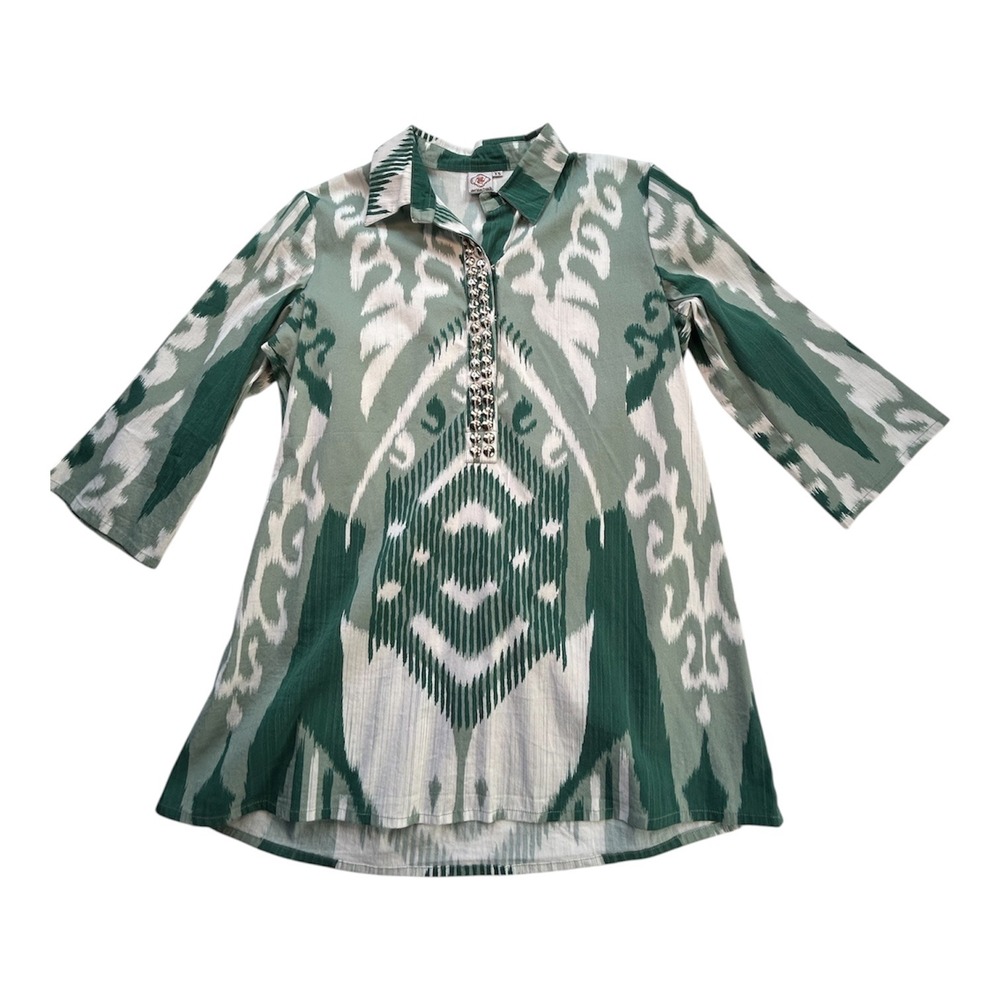 Sheridan French Tunic Top Women XS Green Ikat Studded 3/4 Sleeve